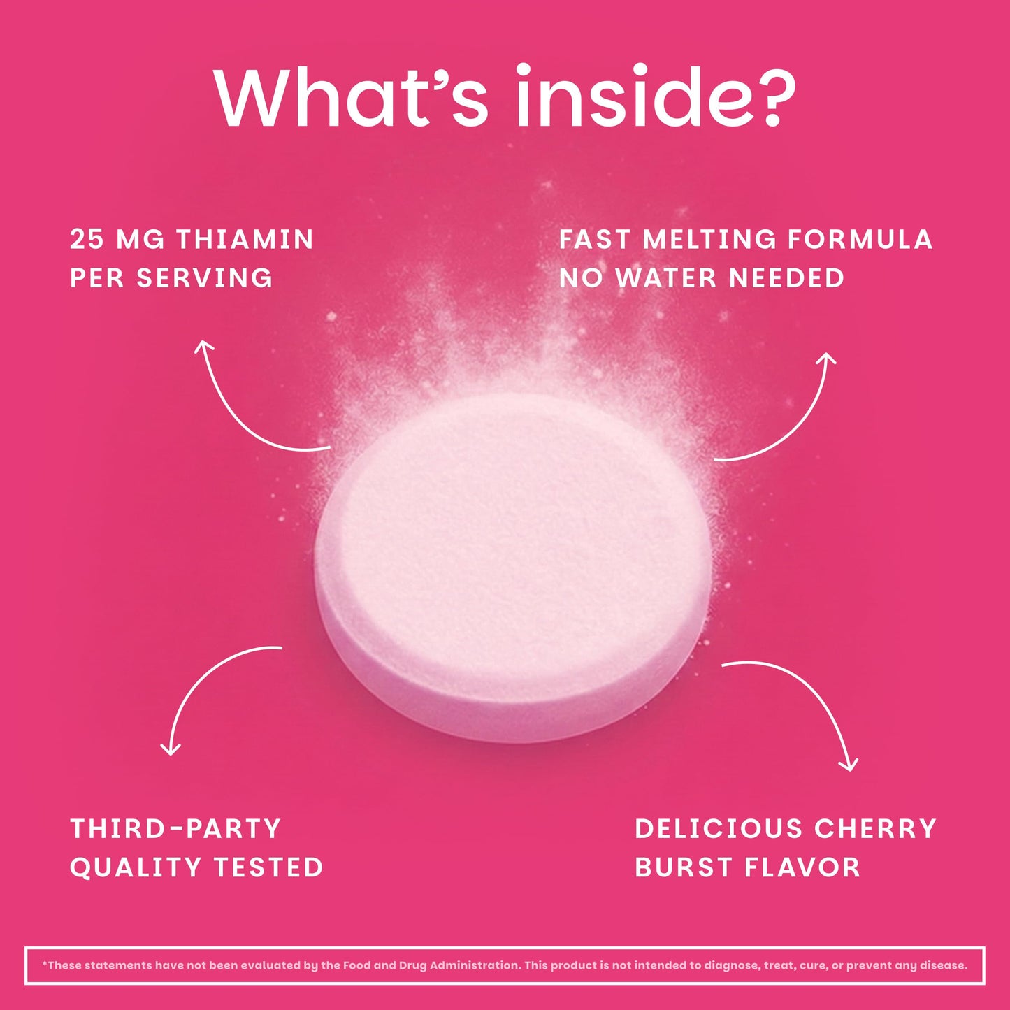 EZ Melts Cherry Burst flavor Vitamin B1 vegan tablets close up view
