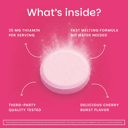 EZ Melts Cherry Burst flavor Vitamin B1 vegan tablets close up view