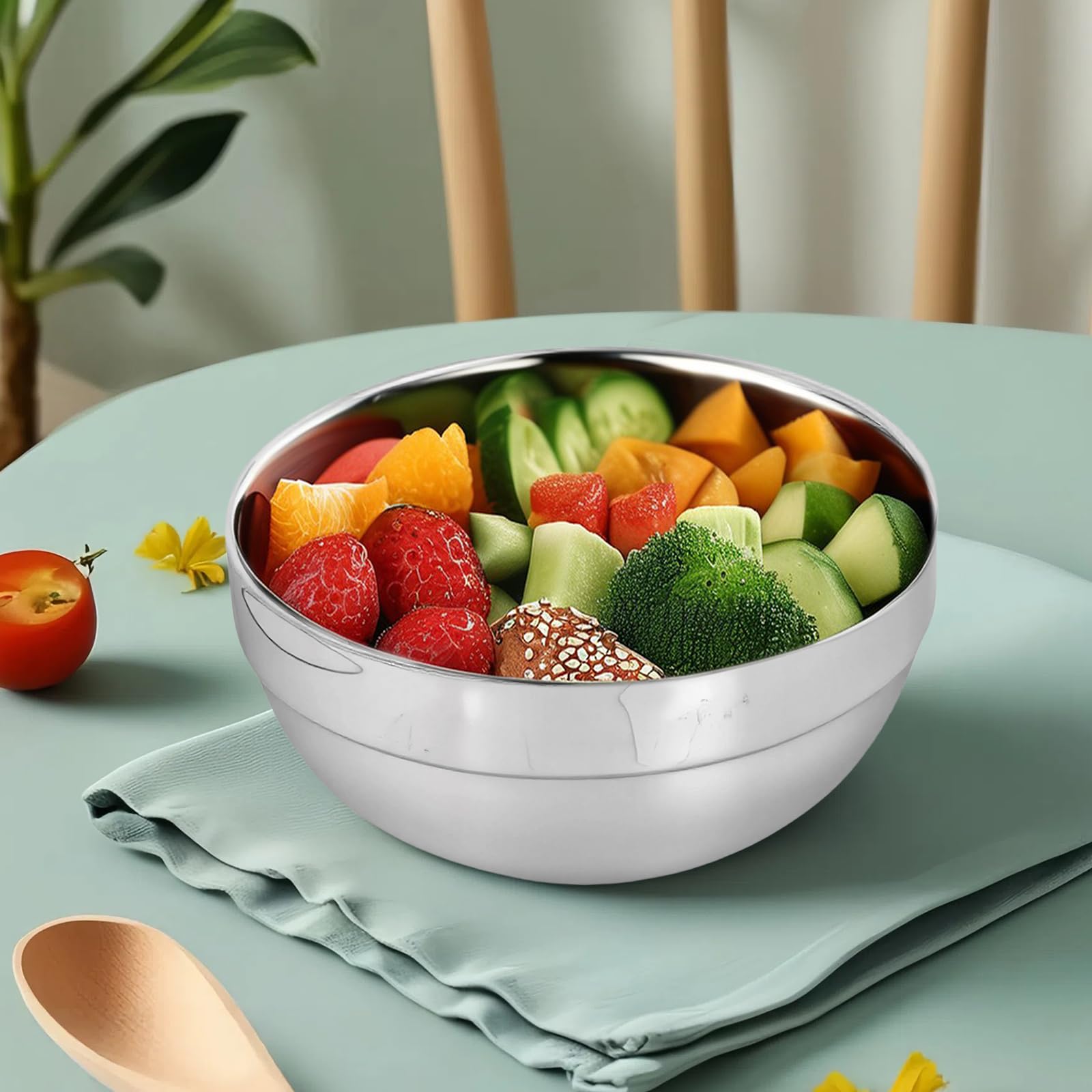 Ten piece stainless steel bowl set for children on table