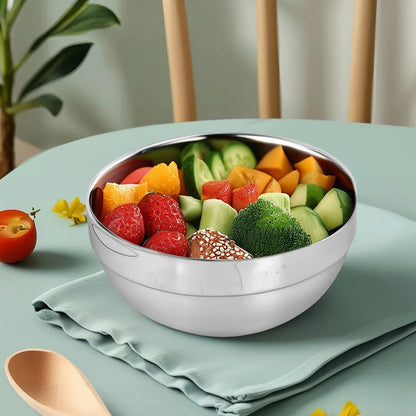Ten piece stainless steel bowl set for children on table