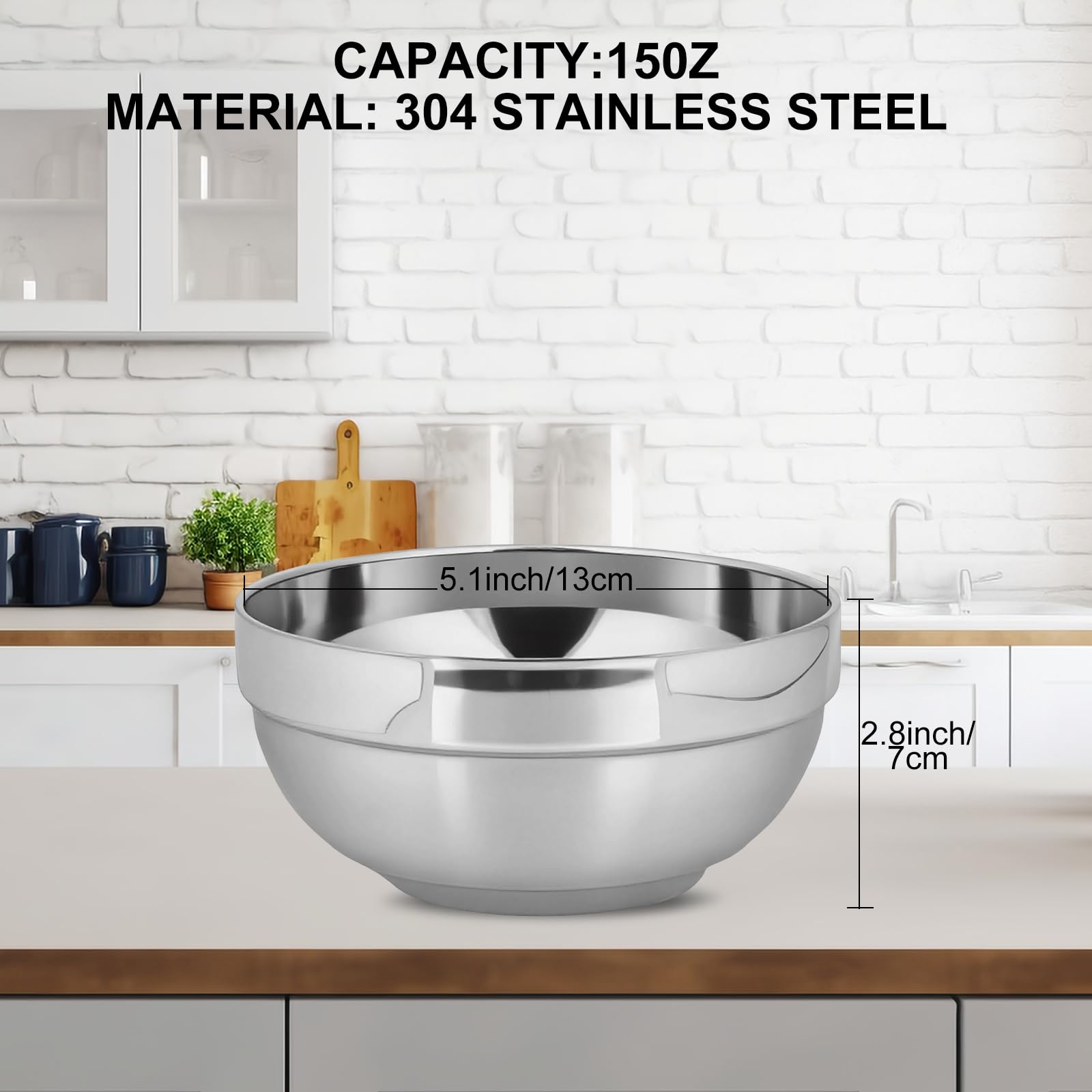 Double walled 304 stainless steel bowl detail view