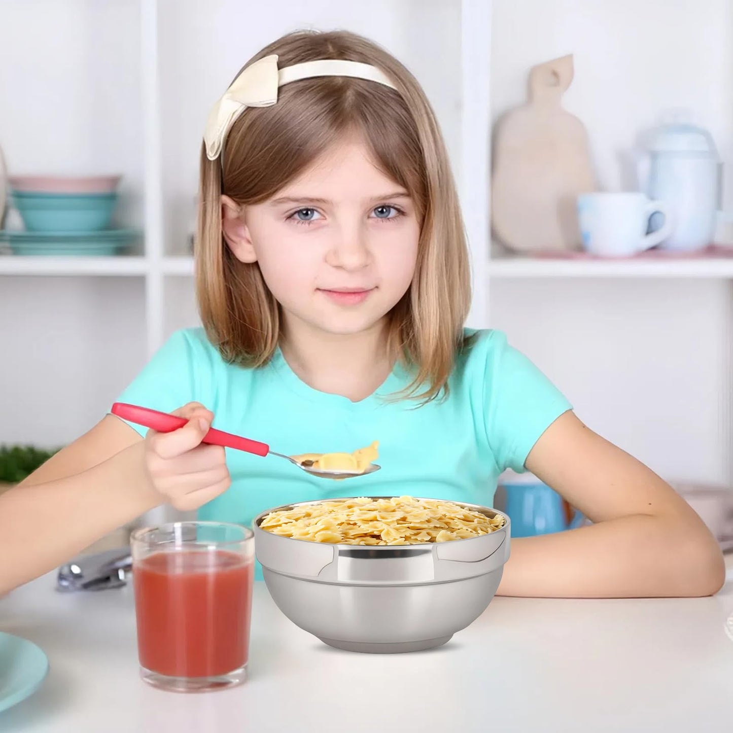 Five inch diameter metal bowl holding rice for kids
