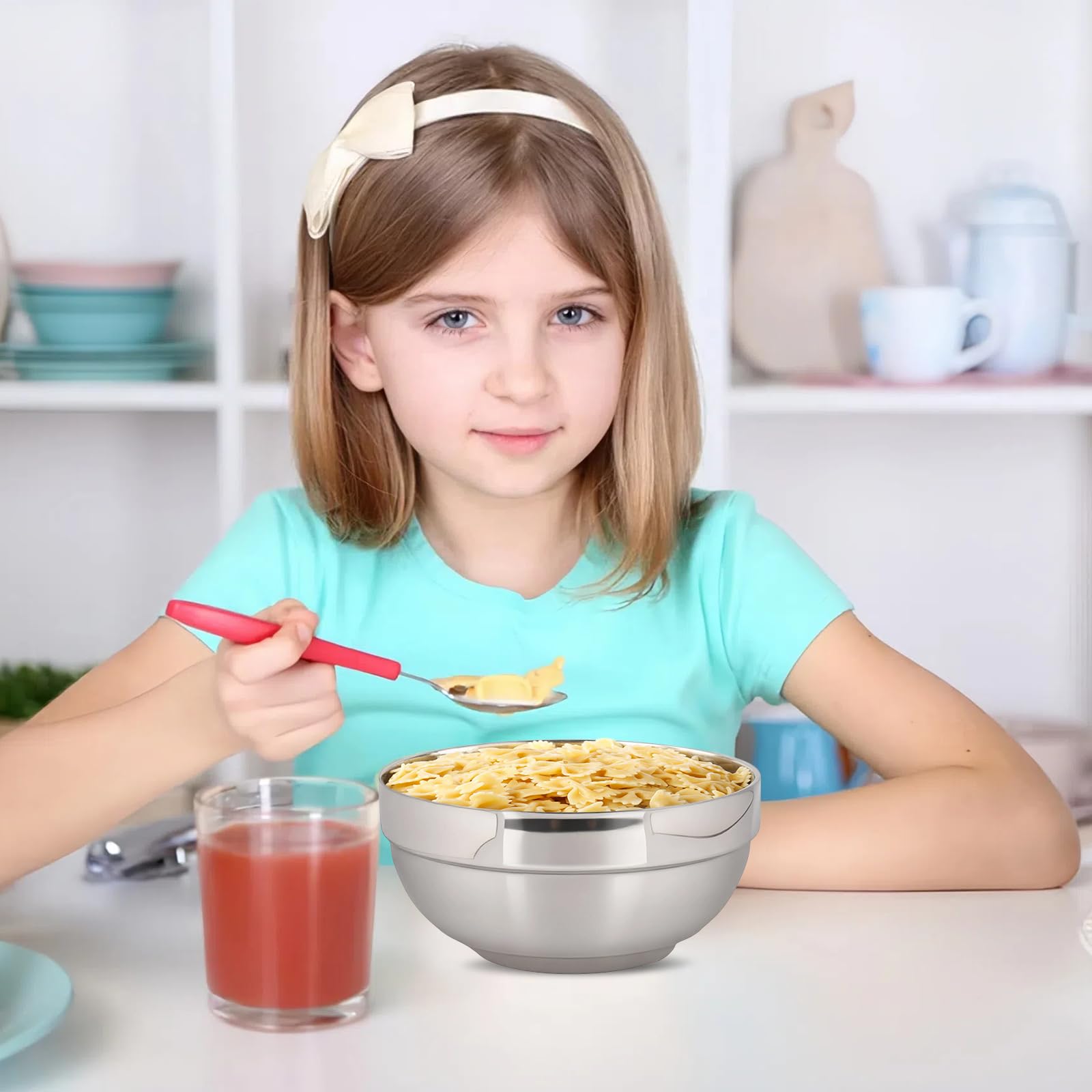 Five inch diameter metal bowl holding rice for kids