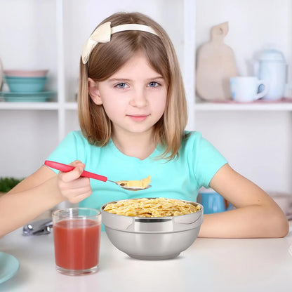 Five inch diameter metal bowl holding rice for kids