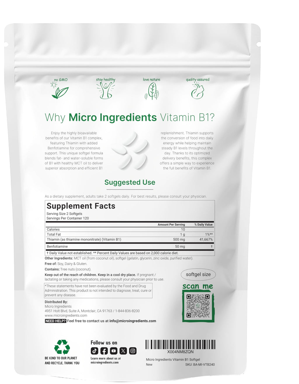 Micro Ingredients Vitamin B1 supplement pouch back label details