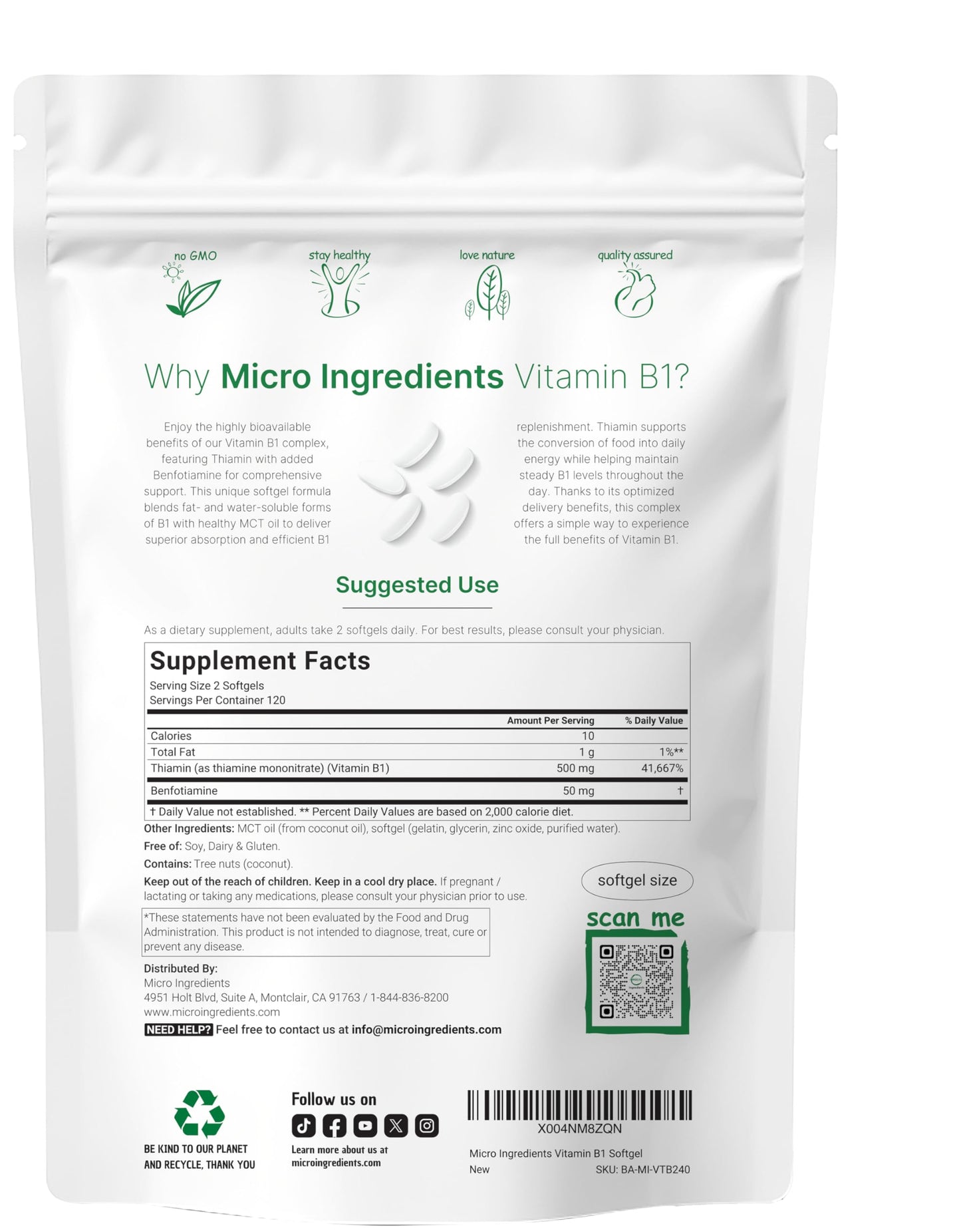 Micro Ingredients Vitamin B1 with Benfotiamine supplement facts label displaying premium ingredient dosages.