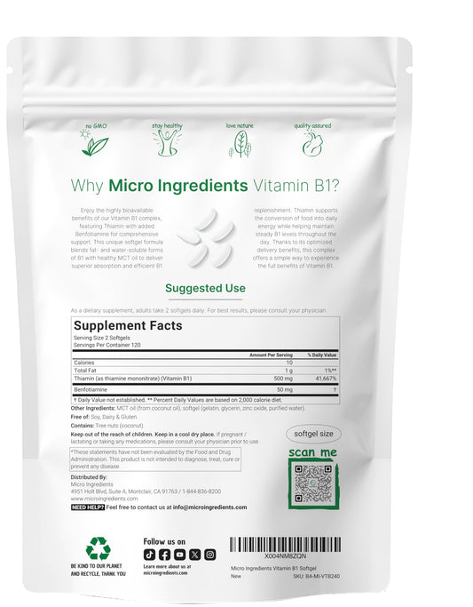Micro Ingredients Vitamin B1 with Benfotiamine supplement facts label displaying premium ingredient dosages.