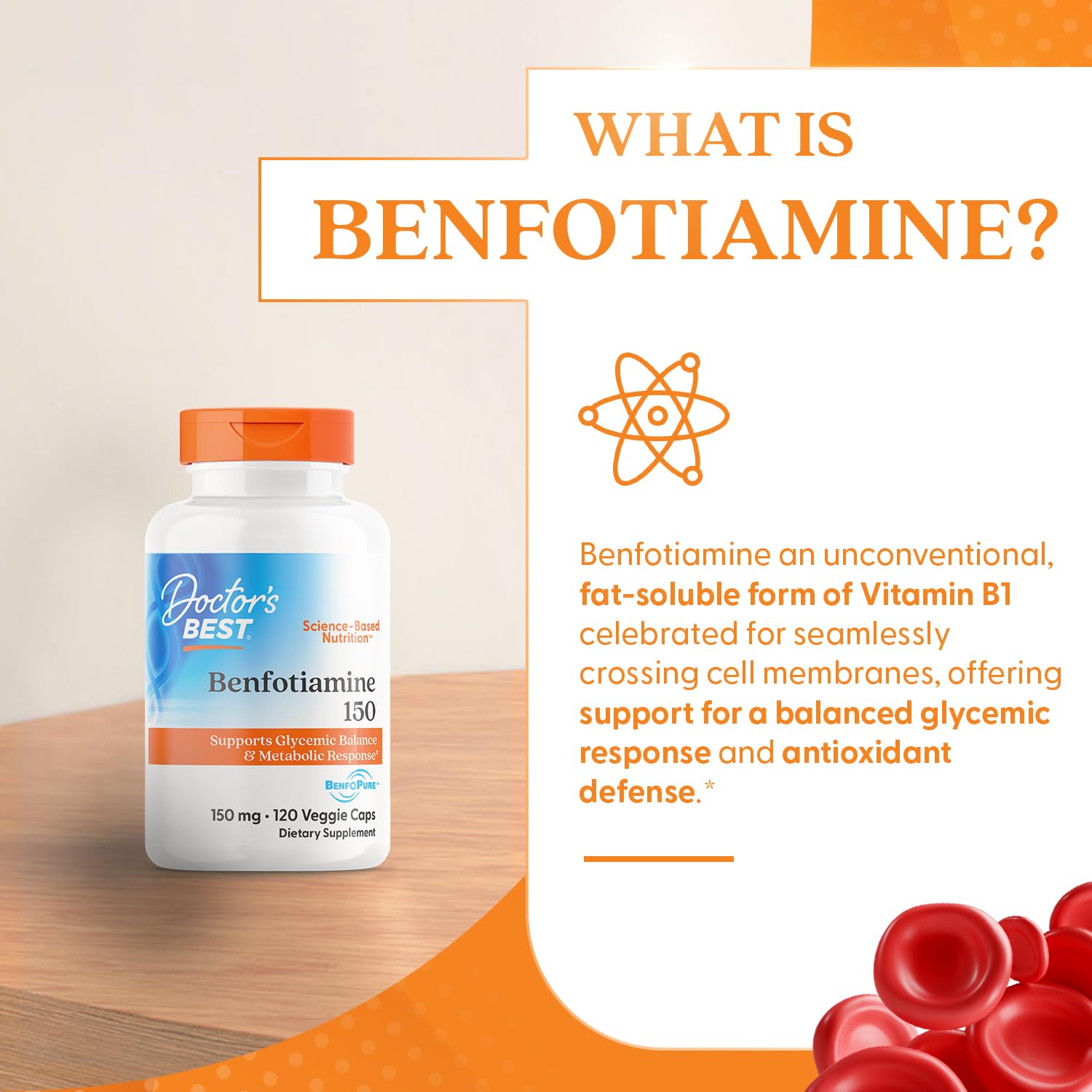 USA sourced Doctor's Best Benfotiamine supplement bottle standing upright on clean background.