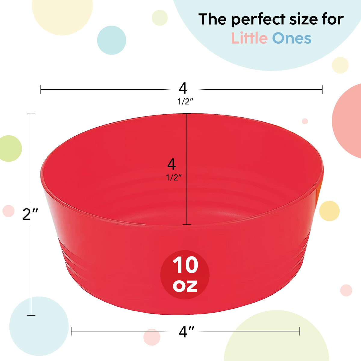 Six colorful Plaskidy kids cereal bowls stacked