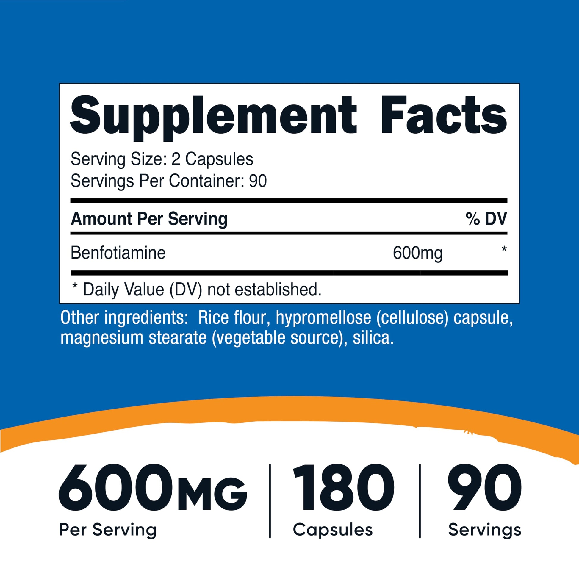 Nutricost Vitamin B1 fat soluble benfotiamine supplement facts and clean ingredient label details.