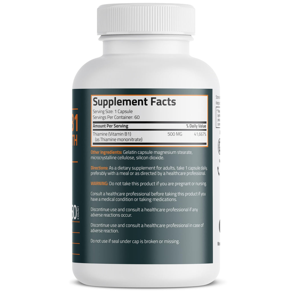Bronson Vitamin B1 supplement bottle side profile displaying dietary facts and ingredients