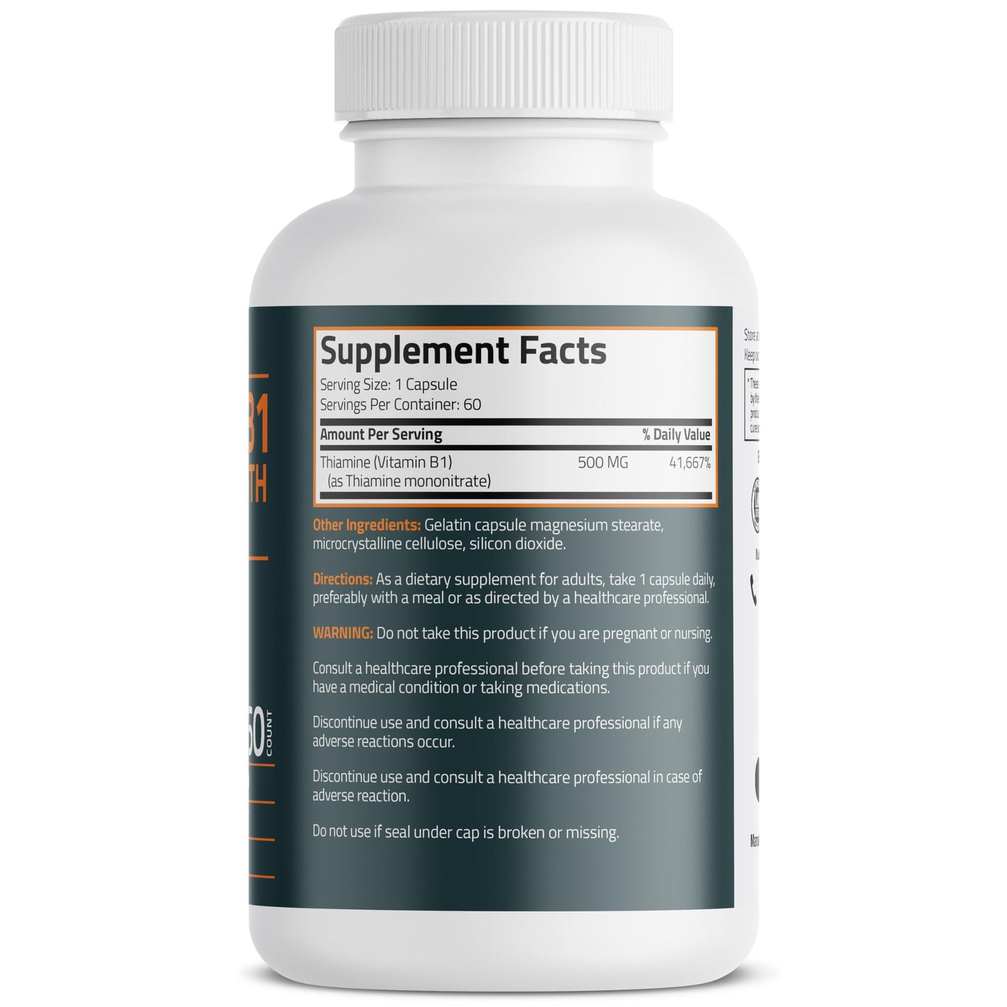 Bronson Basics Thiamine supplement high potency capsule facts label