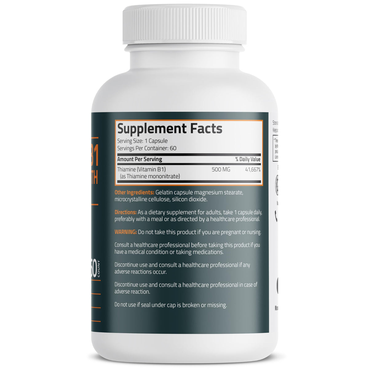 Bronson Vitamin B1 supplement bottle side profile displaying dietary facts and ingredients