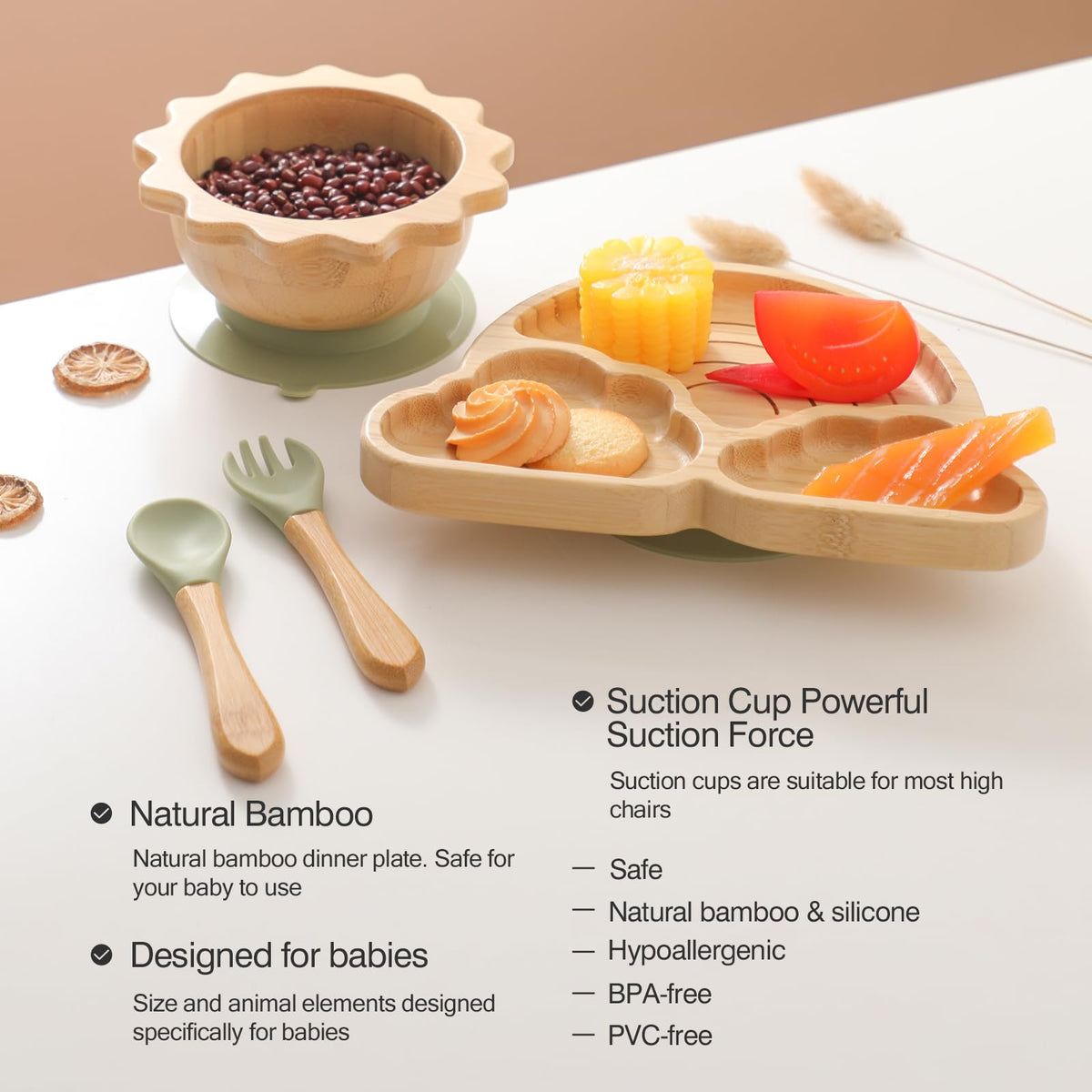 Baby feeding set with bamboo spoon and fork and silicone tips