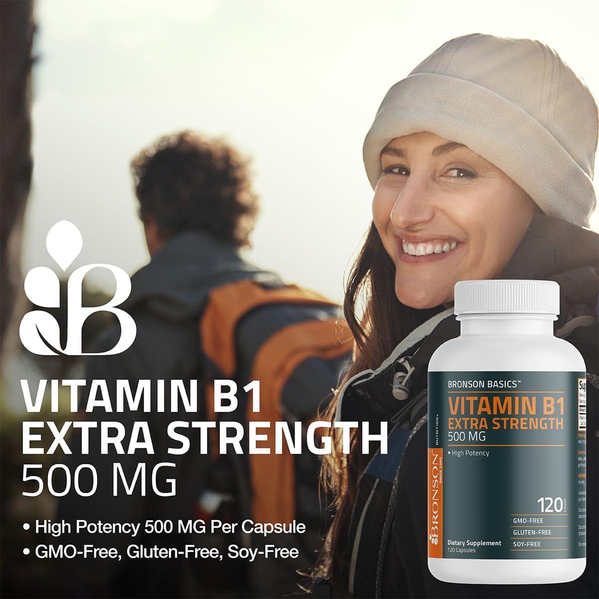 Bronson USA imported non-GMO gluten-free vitamin B1 product seal