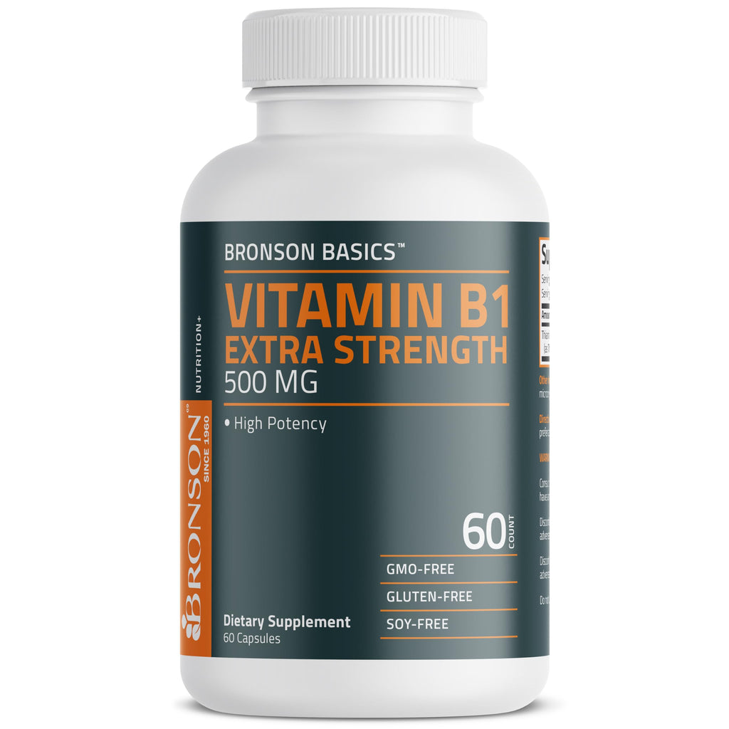 Nutritional facts panel on the back of the Bronson Vitamin B1 product bottle