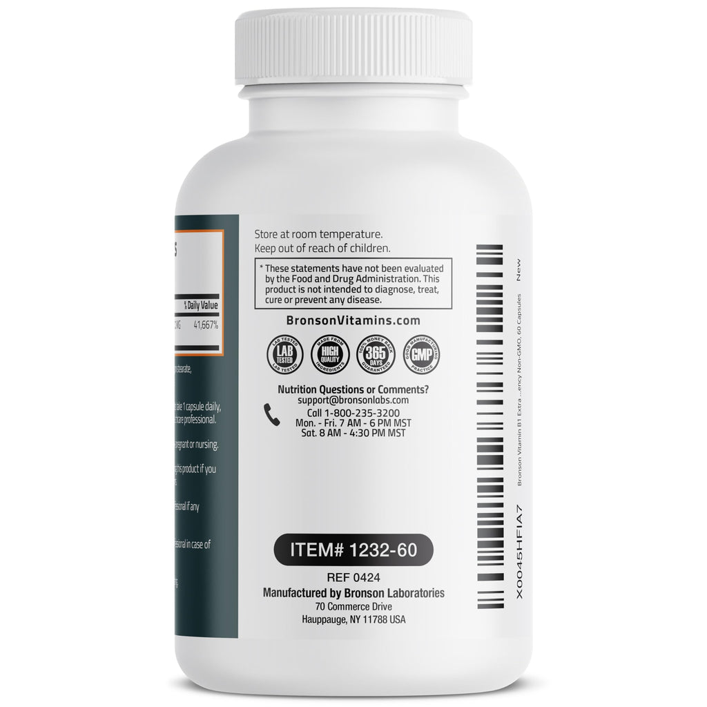 Professional product showcase of Bronson high potency vitamin B1 bottle on clean surface