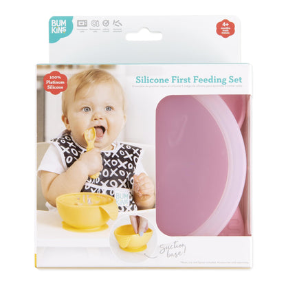 Authentic Bumkins silicone first feeding set in pink packaging