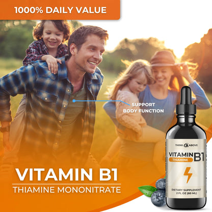 USA imported Think Above vitamin B1 supplement bottle details and ingredients label.