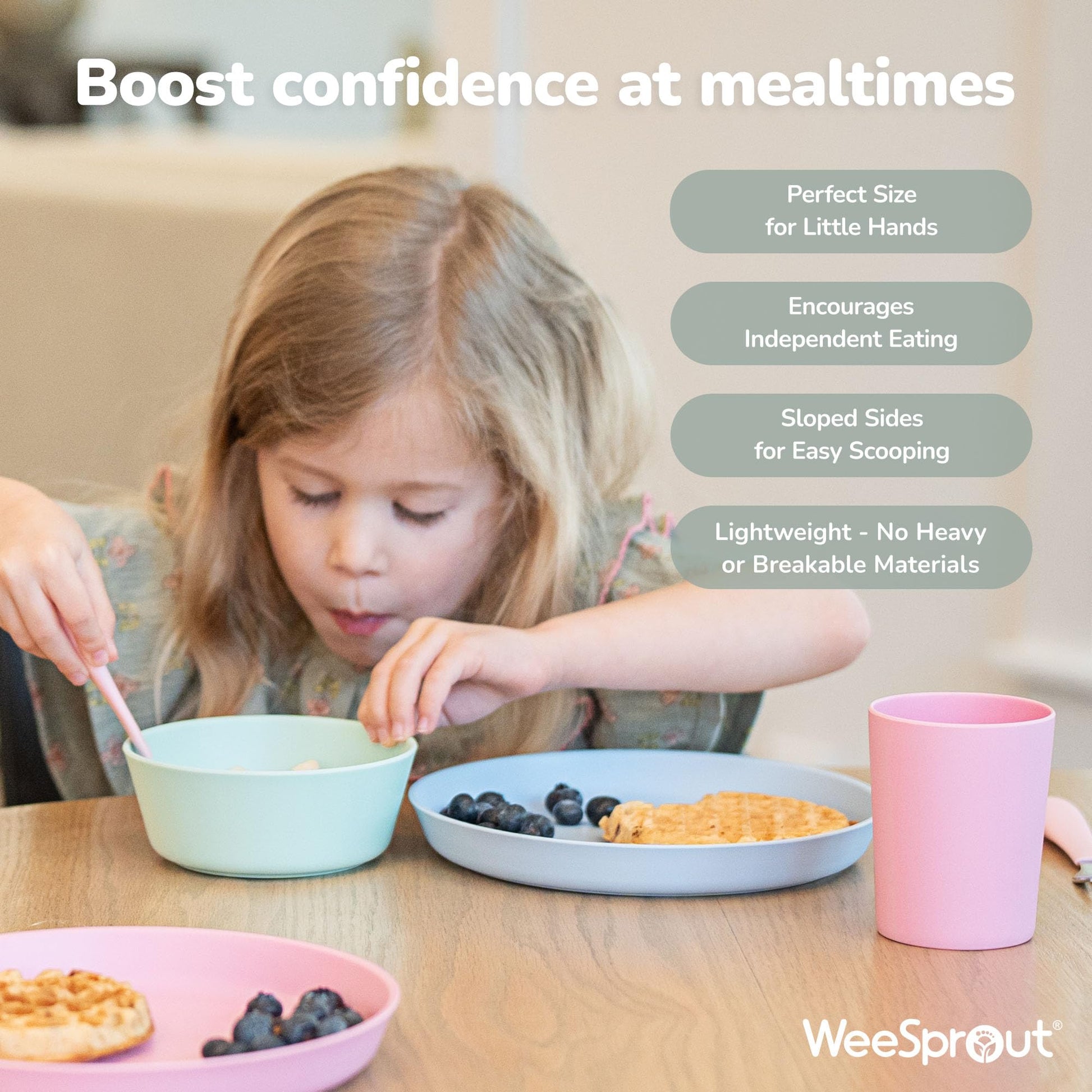 Top view of WeeSprout bamboo dinnerware set for toddlers