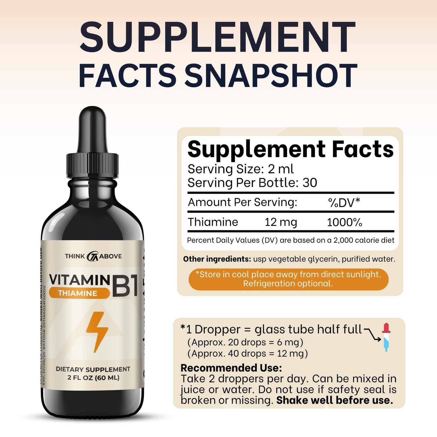 Think Above keto friendly vitamin B1 bottle standing upright on a clean background.