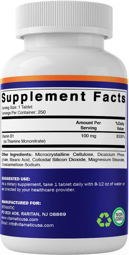 Premium Vitamatic B1 vitamin tablets bottle showing cellular energy production benefits text
