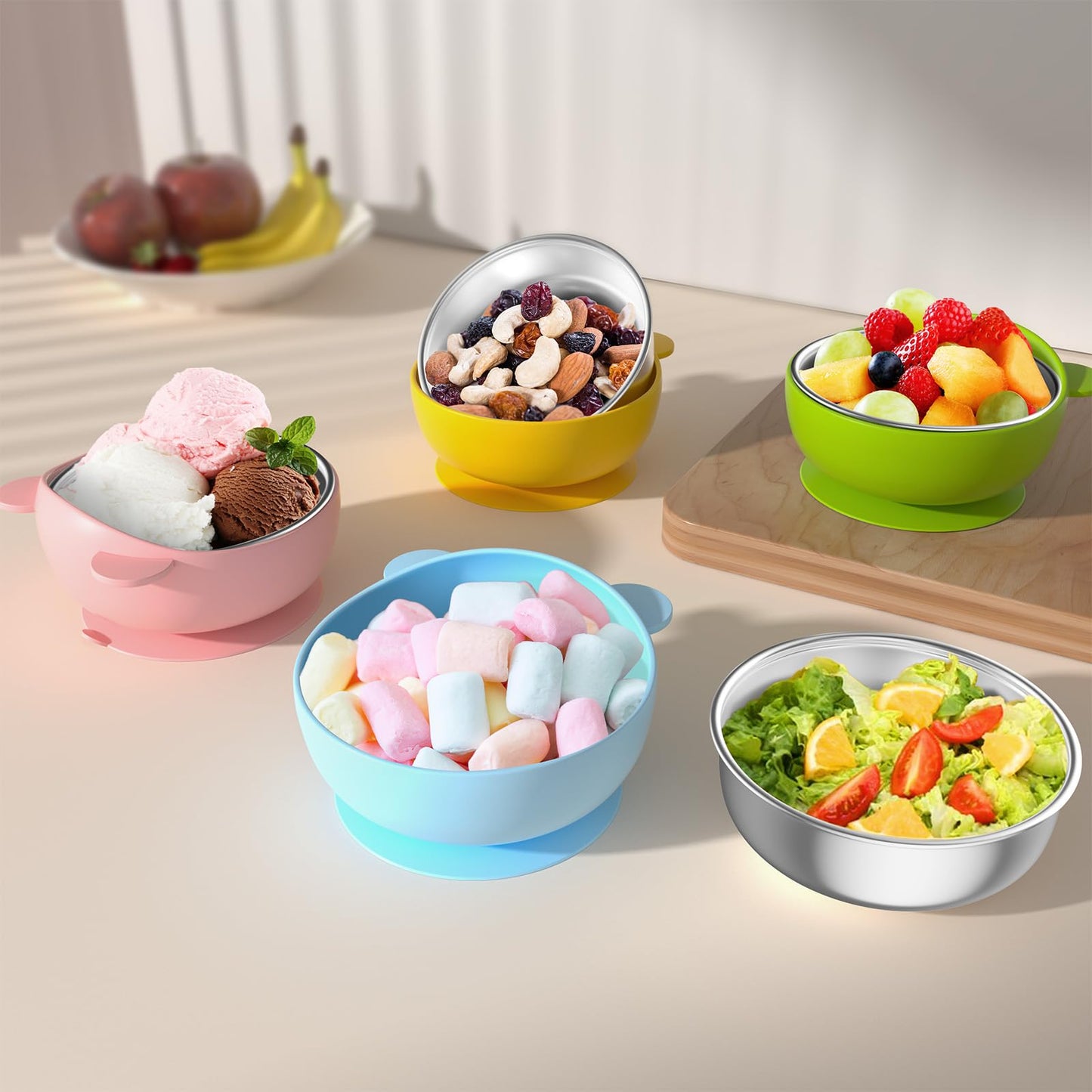 Baby eating from non-slip stainless steel suction bowl