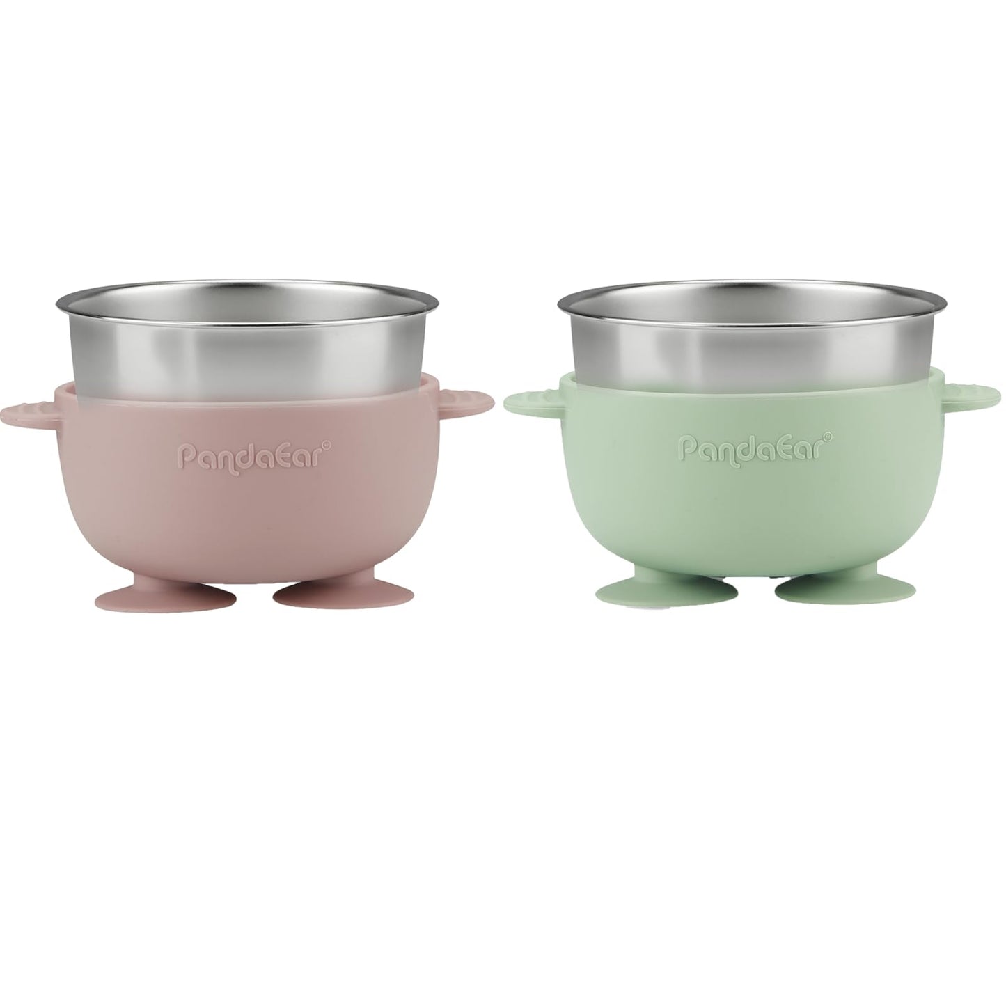 Toddler using PandaEar stainless steel bowl and silicone fork