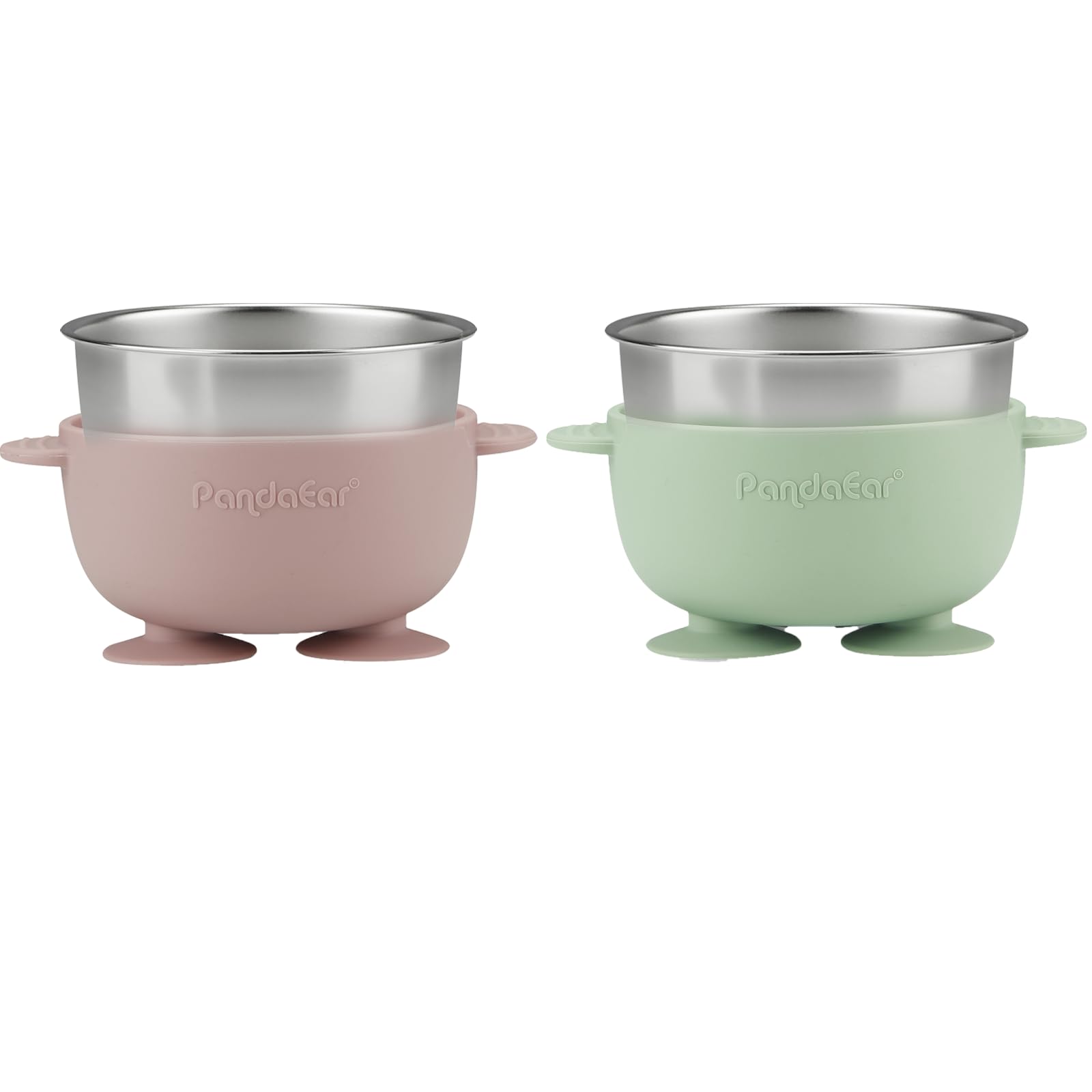 Toddler using PandaEar stainless steel bowl and silicone fork