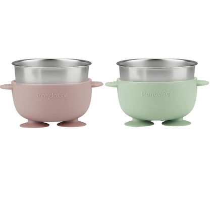 Toddler using PandaEar stainless steel bowl and silicone fork