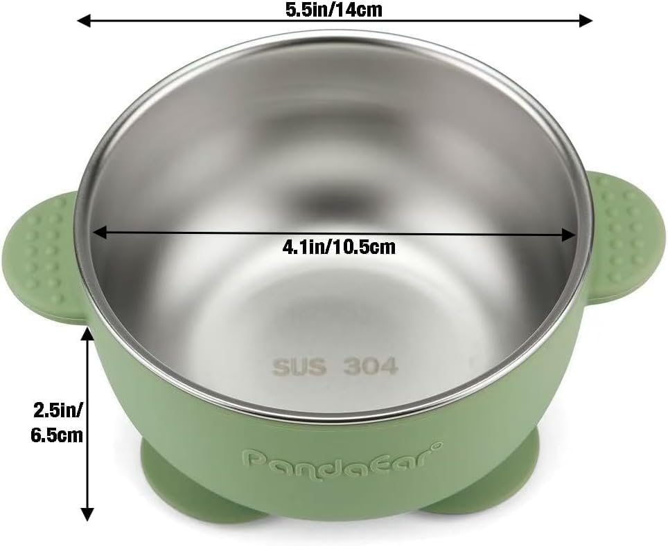 Two stainless steel baby bowls with green silicone sleeves