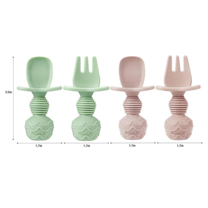 Full set of PandaEar baby bowls and utensils flat lay