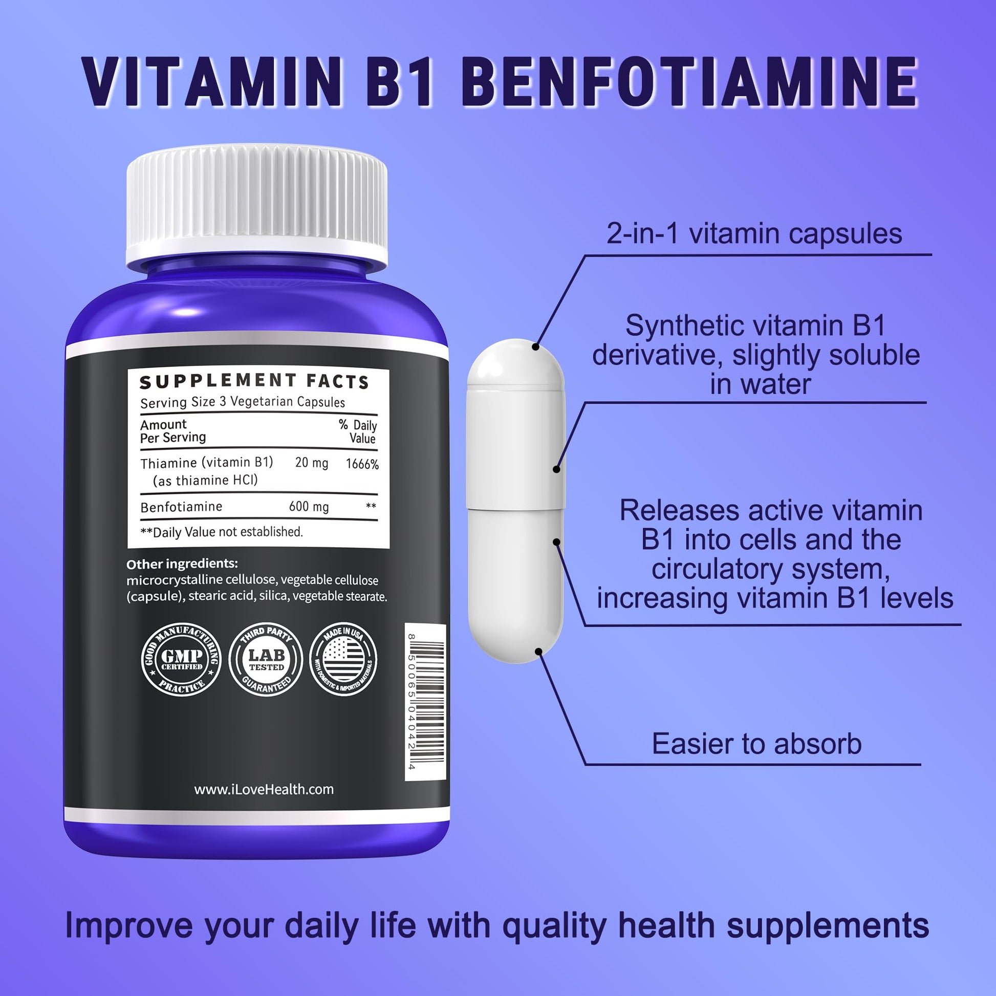 I Love Health Benfotiamine supplement facts label showing ingredients and dosage details