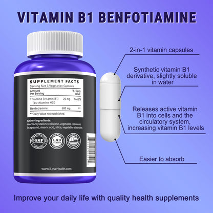 I Love Health Benfotiamine supplement facts label showing ingredients and dosage details