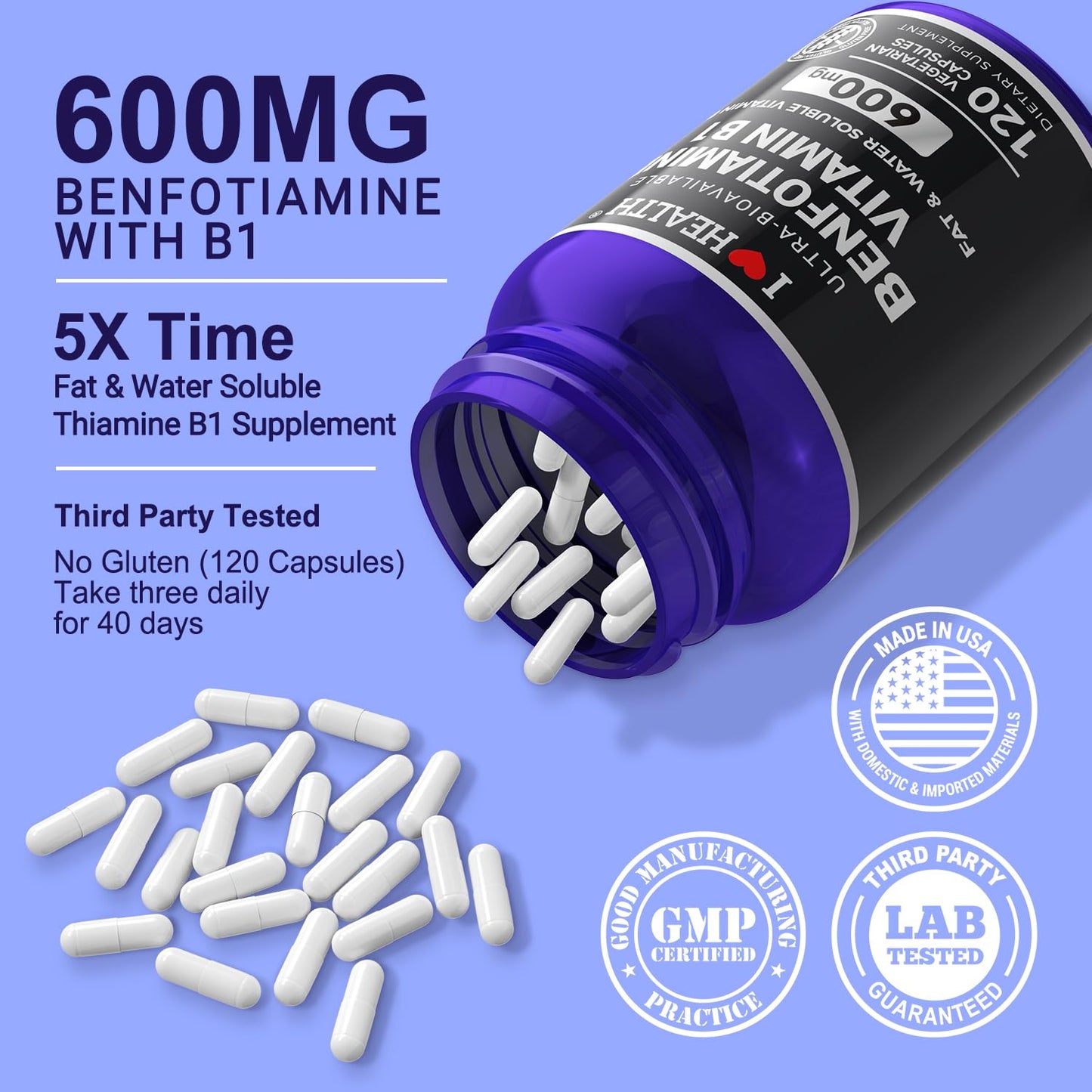 Vegetarian Vitamin B1 capsules displaying the gluten-free and non-GMO certification badges