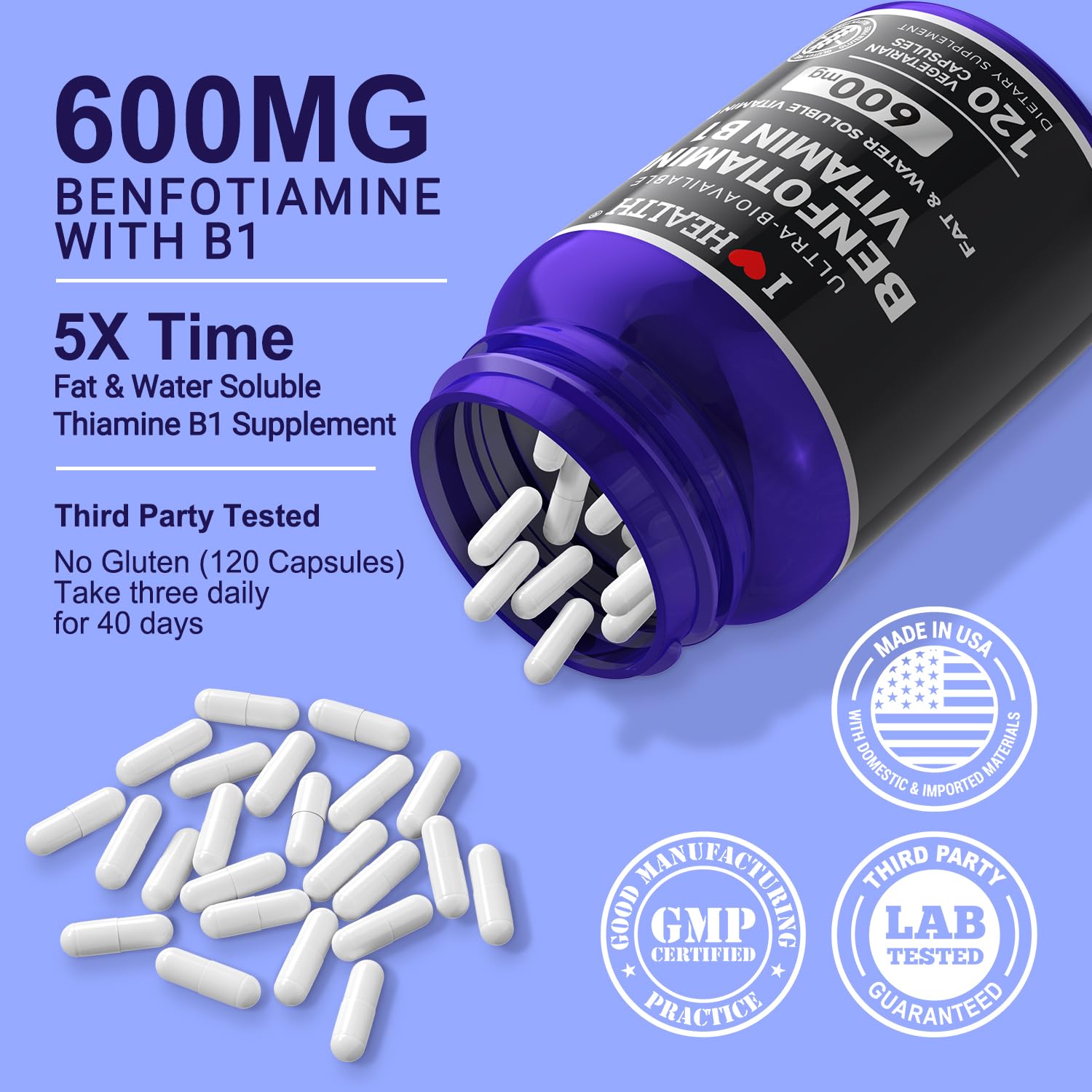 Vegetarian Vitamin B1 capsules displaying the gluten-free and non-GMO certification badges