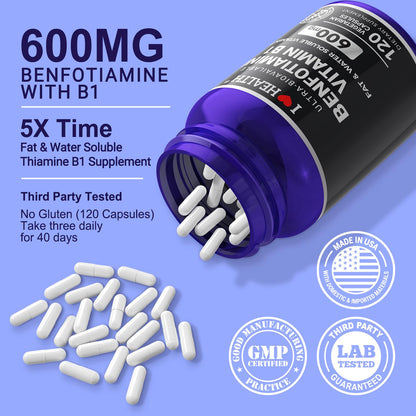 Vegetarian Vitamin B1 capsules displaying the gluten-free and non-GMO certification badges