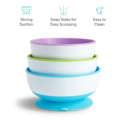 Munchkin Stay Put bowls showing quick release tab detail