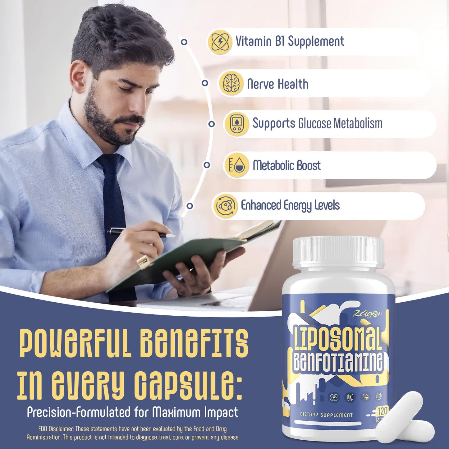 Nutriselect Zaigon Benfotiamine 120 vegan capsules bottle showcasing liposomal technology and non-GMO features.