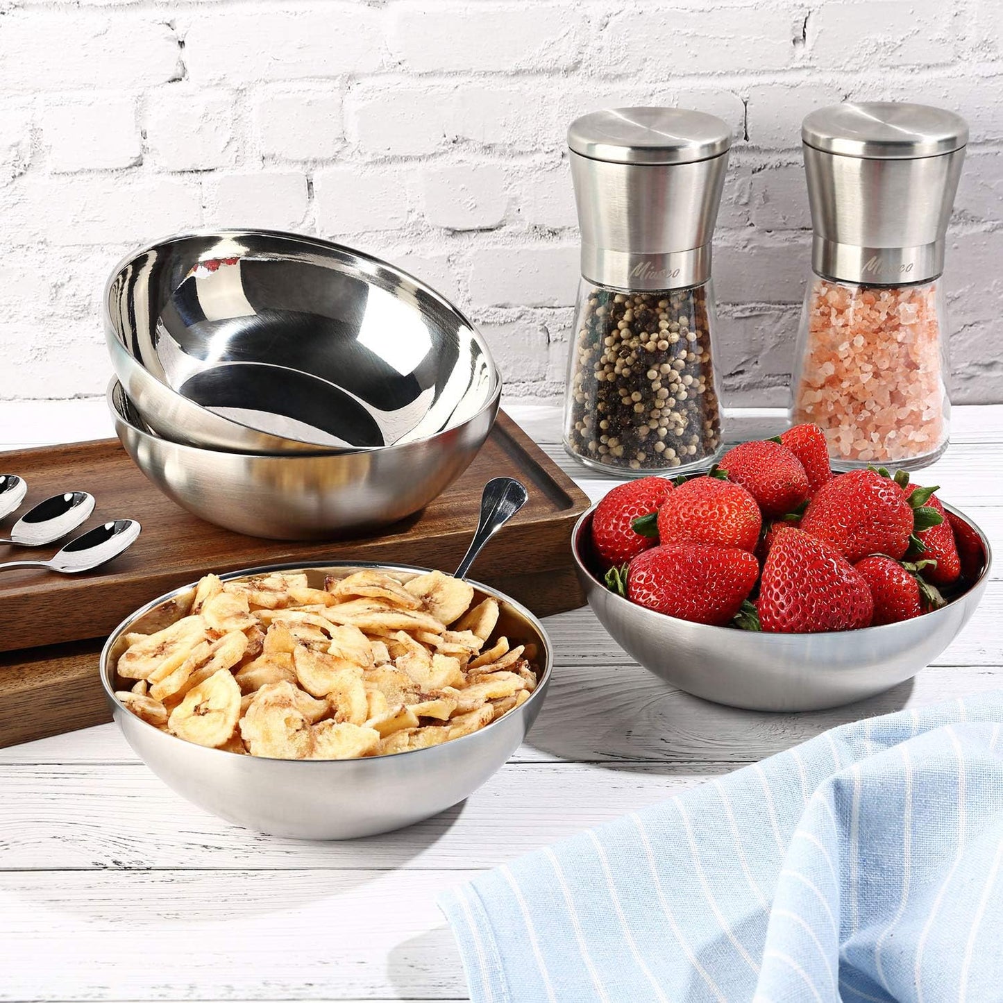 Stack of Miusco stainless steel bowls for easy storage