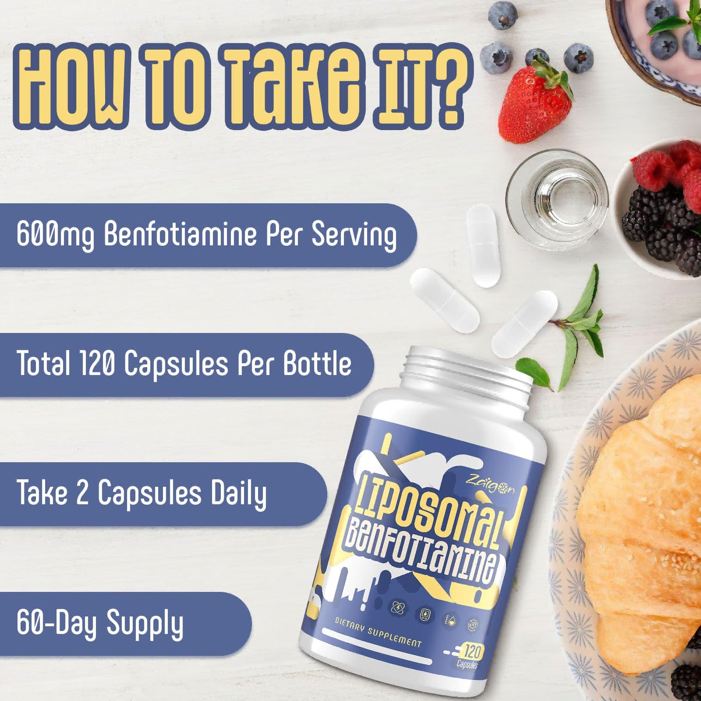 Nutriselect Zaigon Liposomal Benfotiamine Vitamin B1 dietary supplement bottle placed on a clean background.
