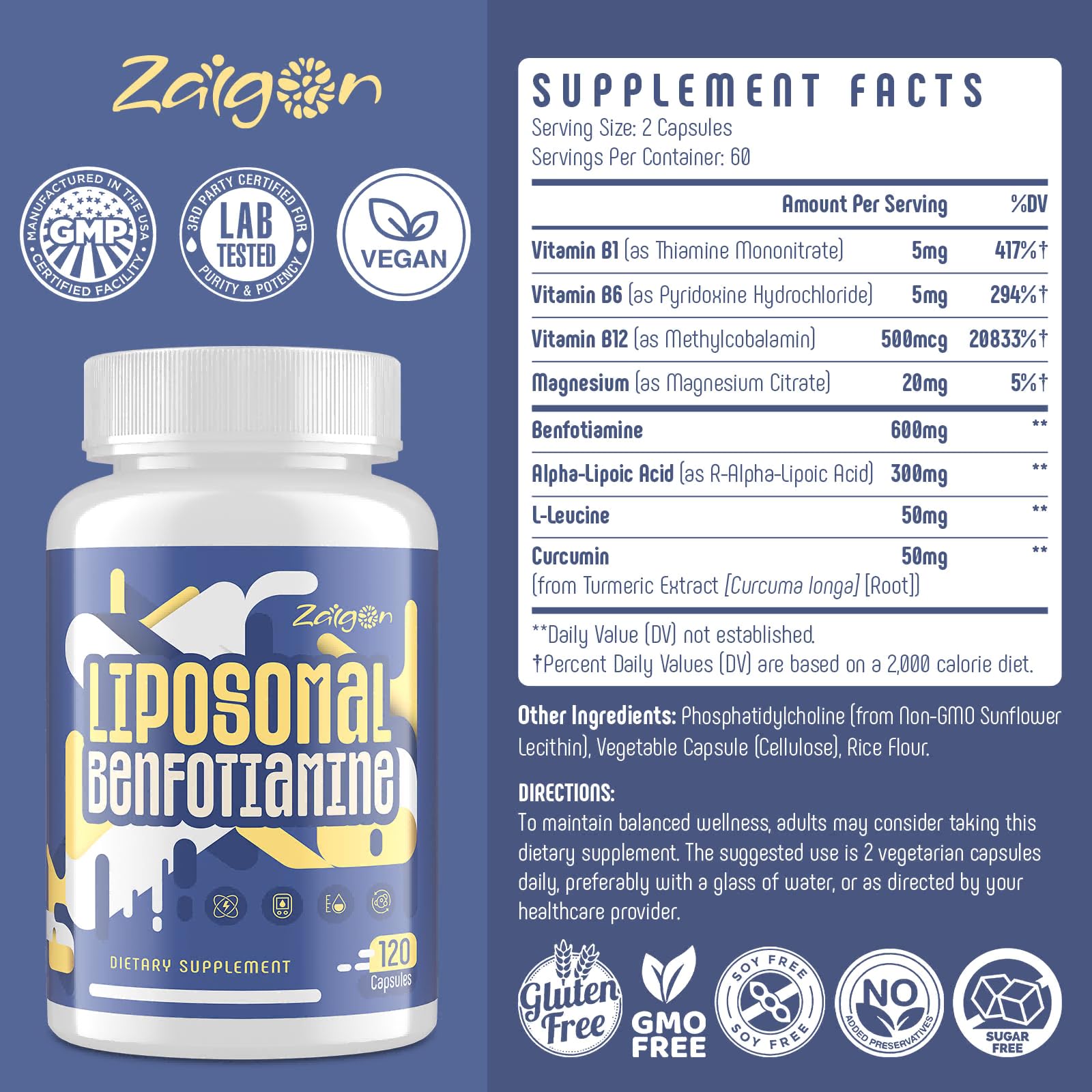 Nutriselect Zaigon Benfotiamine 600mg bottle highlighting gluten-free and vegetarian-friendly product symbols.