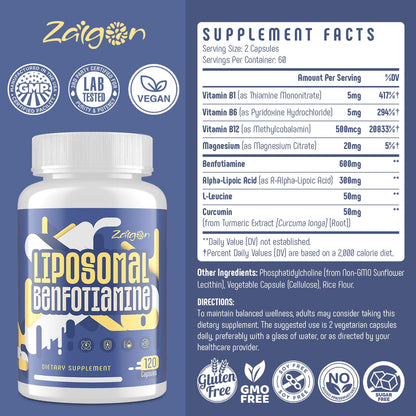 Nutriselect Zaigon Benfotiamine 600mg bottle highlighting gluten-free and vegetarian-friendly product symbols.
