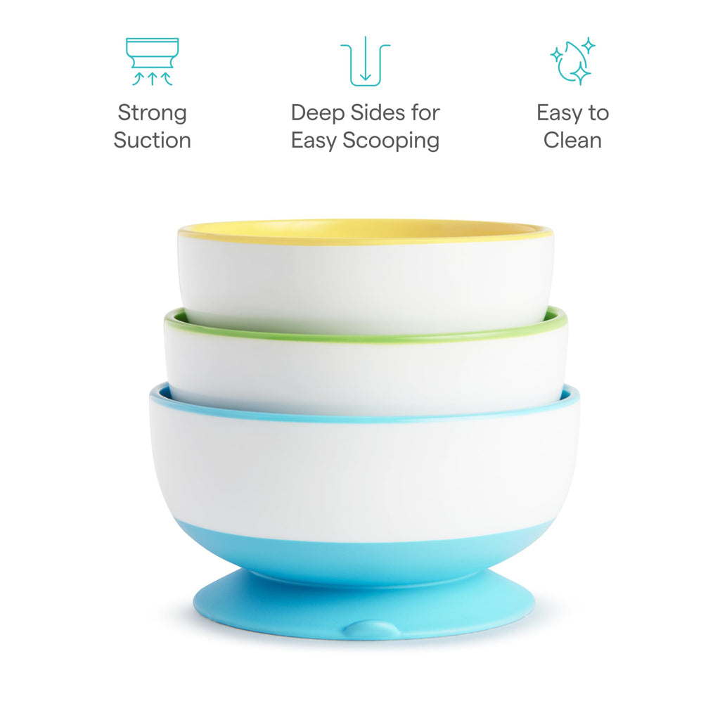 Munchkin baby suction bowls placed on a high chair tray
