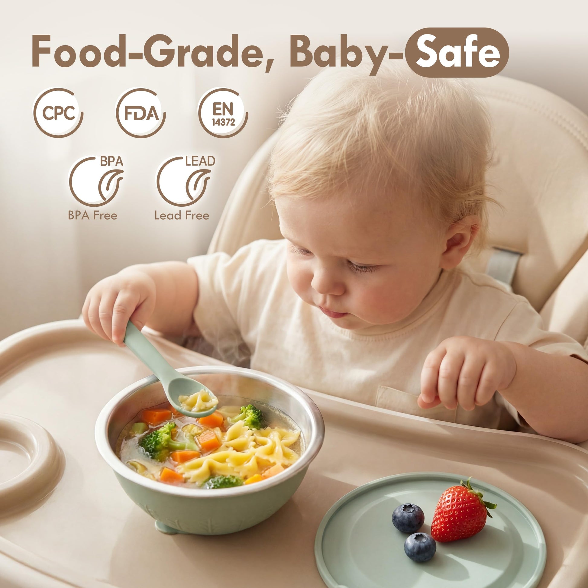 Side view of Moonkie 13 ounce baby bowl with lid