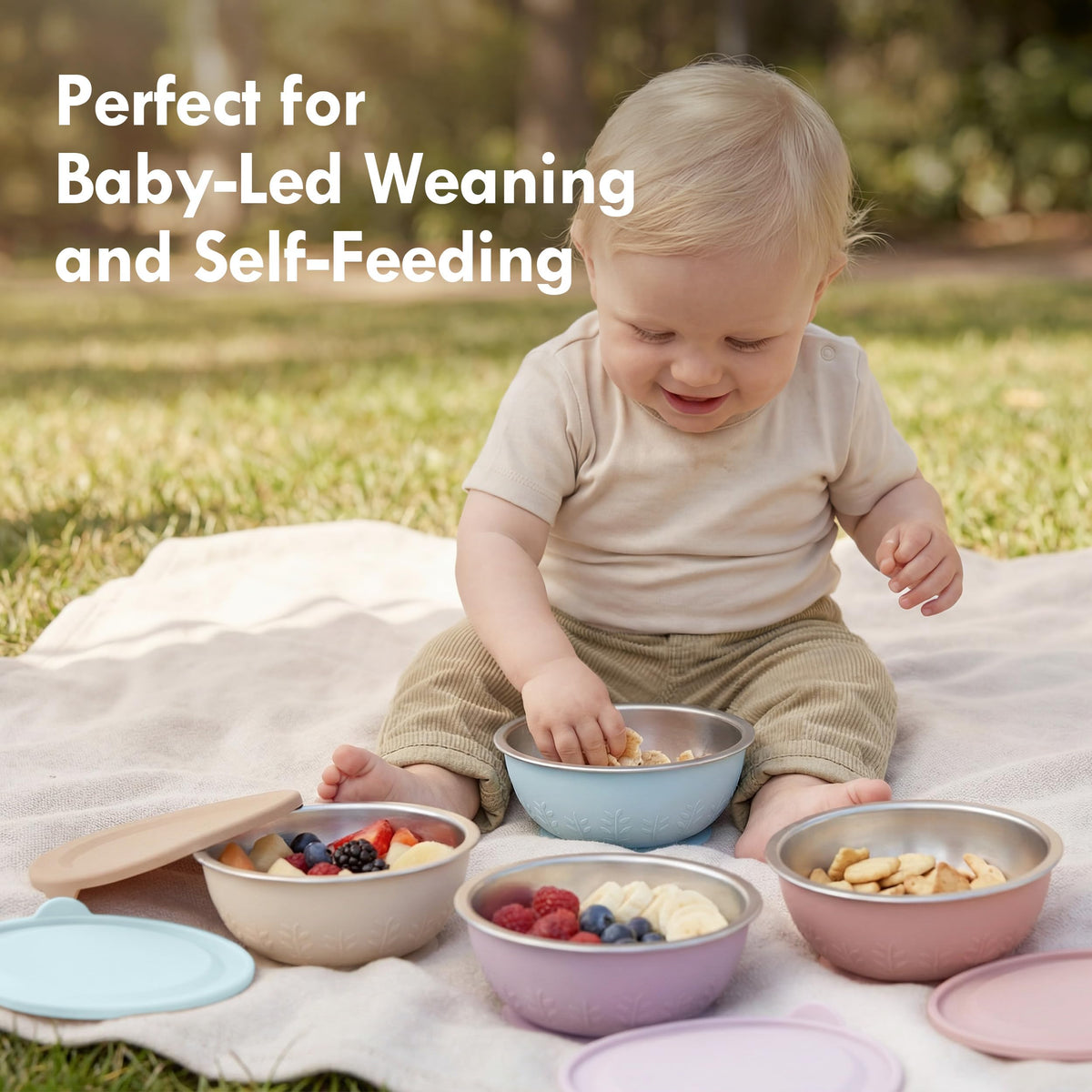 Moonkie baby feeding set in sage green and ocean mist colors