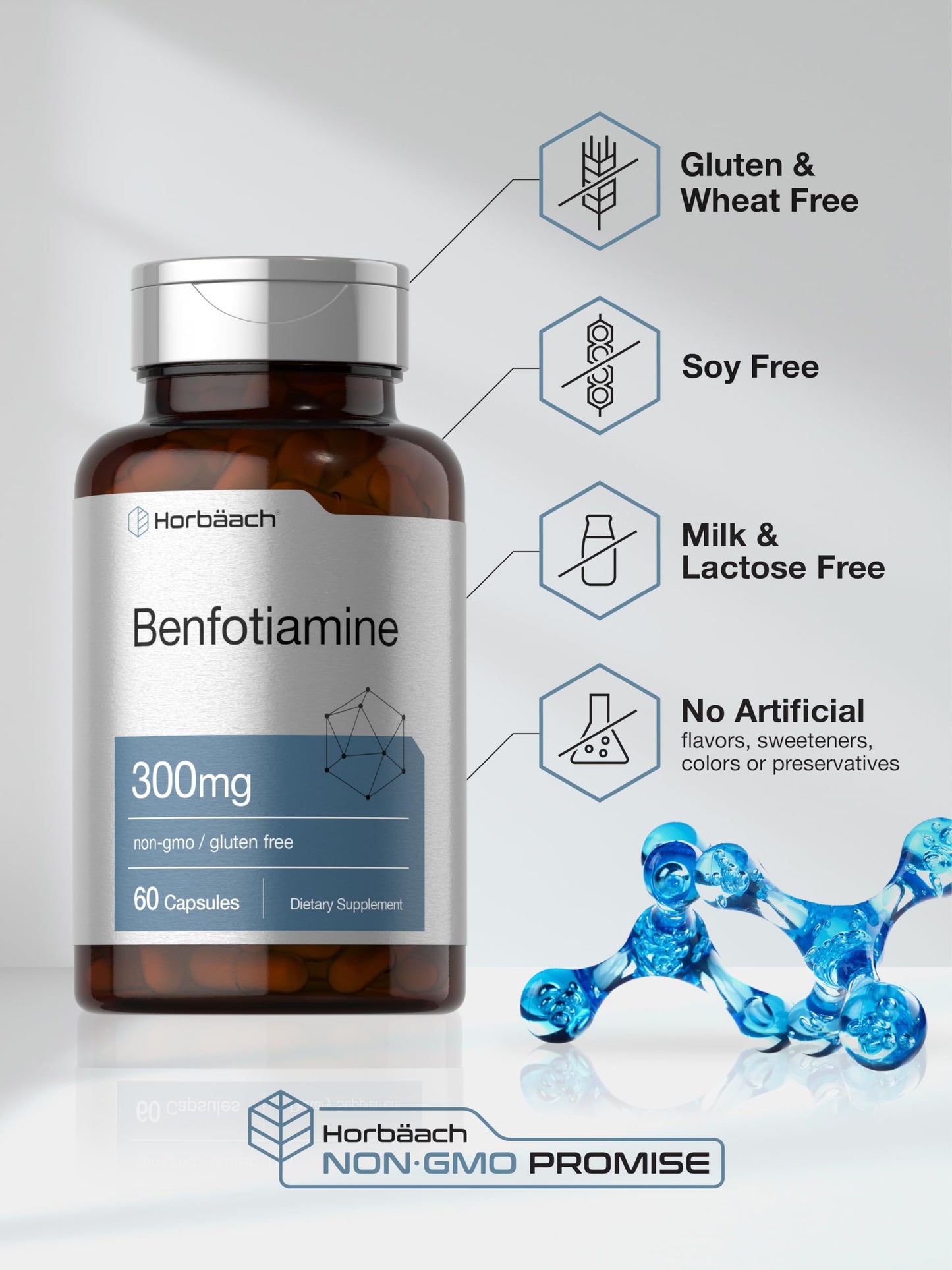 Side profile of Horbaach thiamine vitamin b1 300mg dietary supplement showcasing capsule quantity info