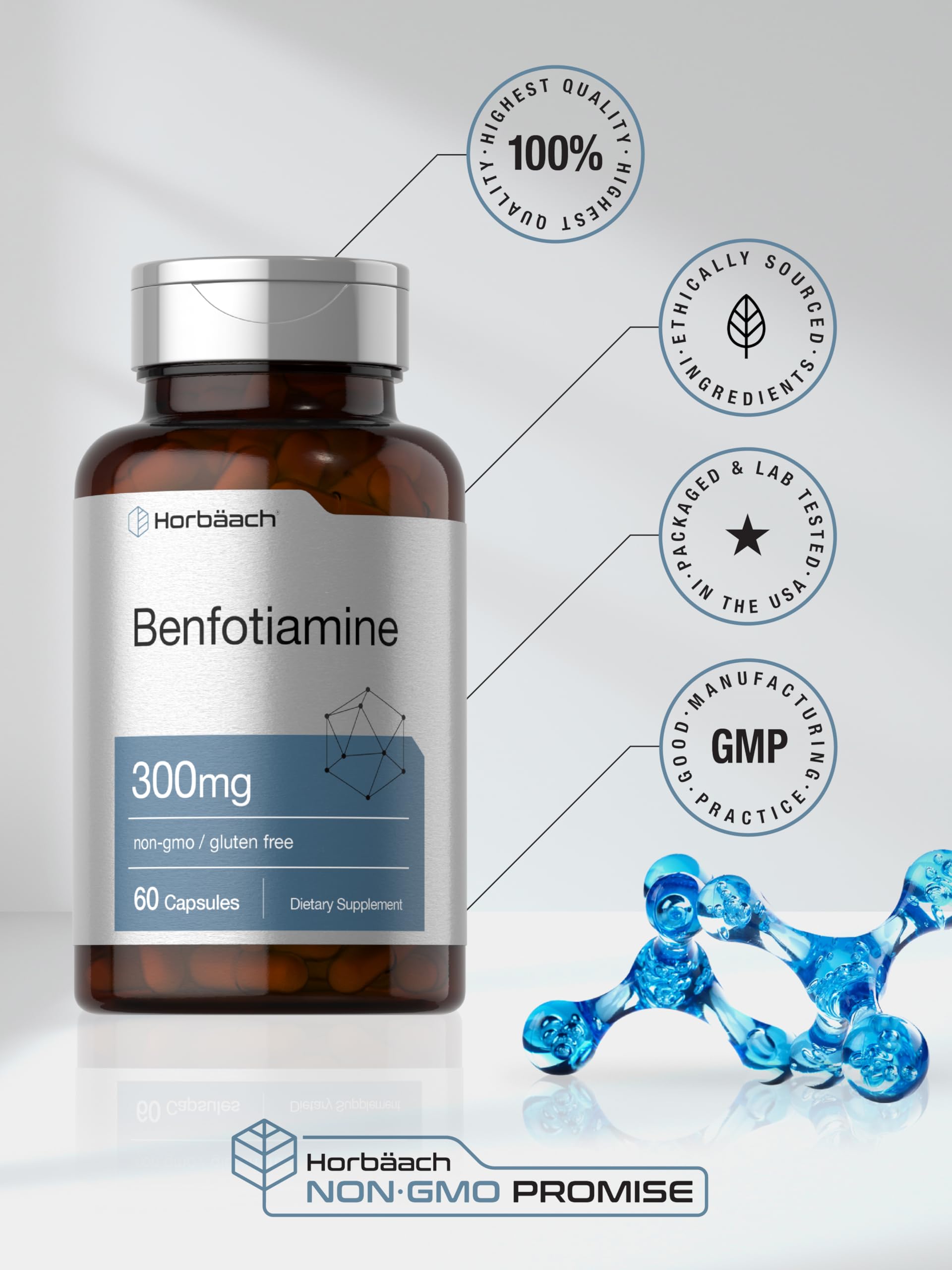 Close up view of clean non gmo formulation seals on Horbaach benfotiamine bottle