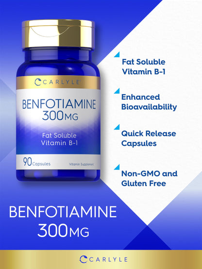 Side view of Carlyle Benfotiamine 90 capsules bottle highlighting non GMO and gluten free certifications