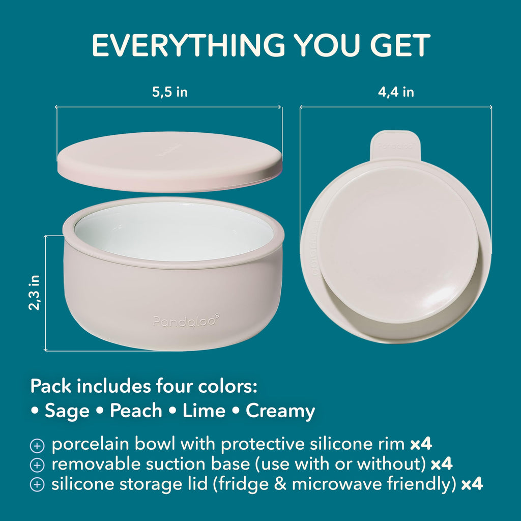 Front view of Pandaloo ceramic toddler bowl with suction base attached